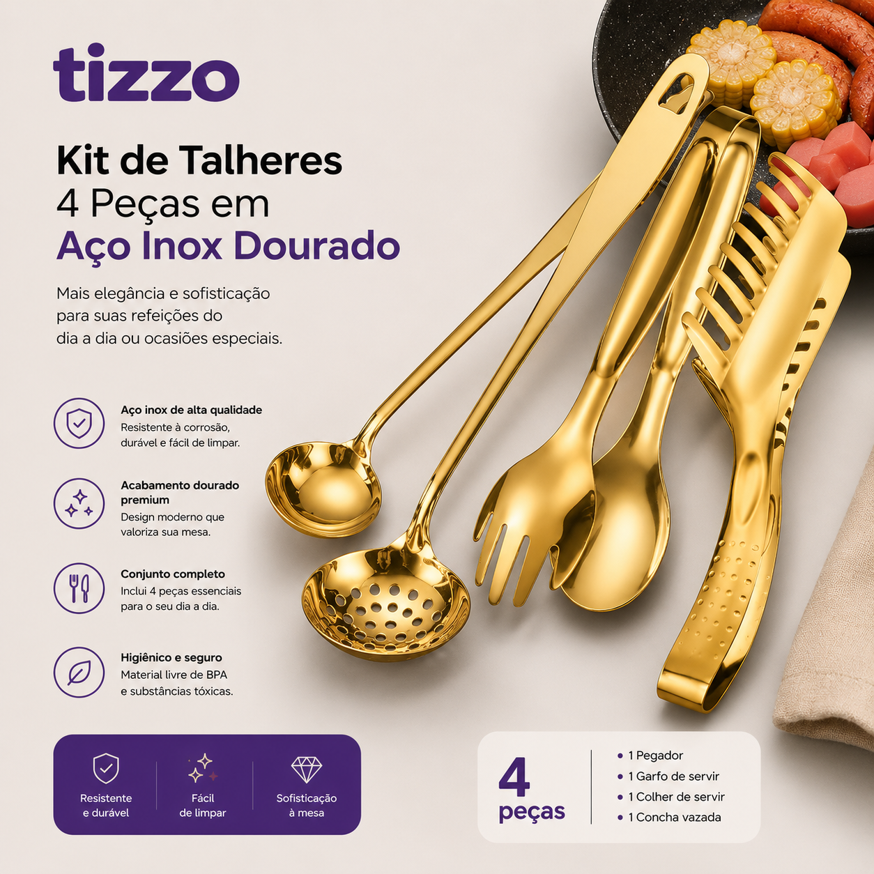 Kit de Talheres 4 Peças em Aço Inox Dourado