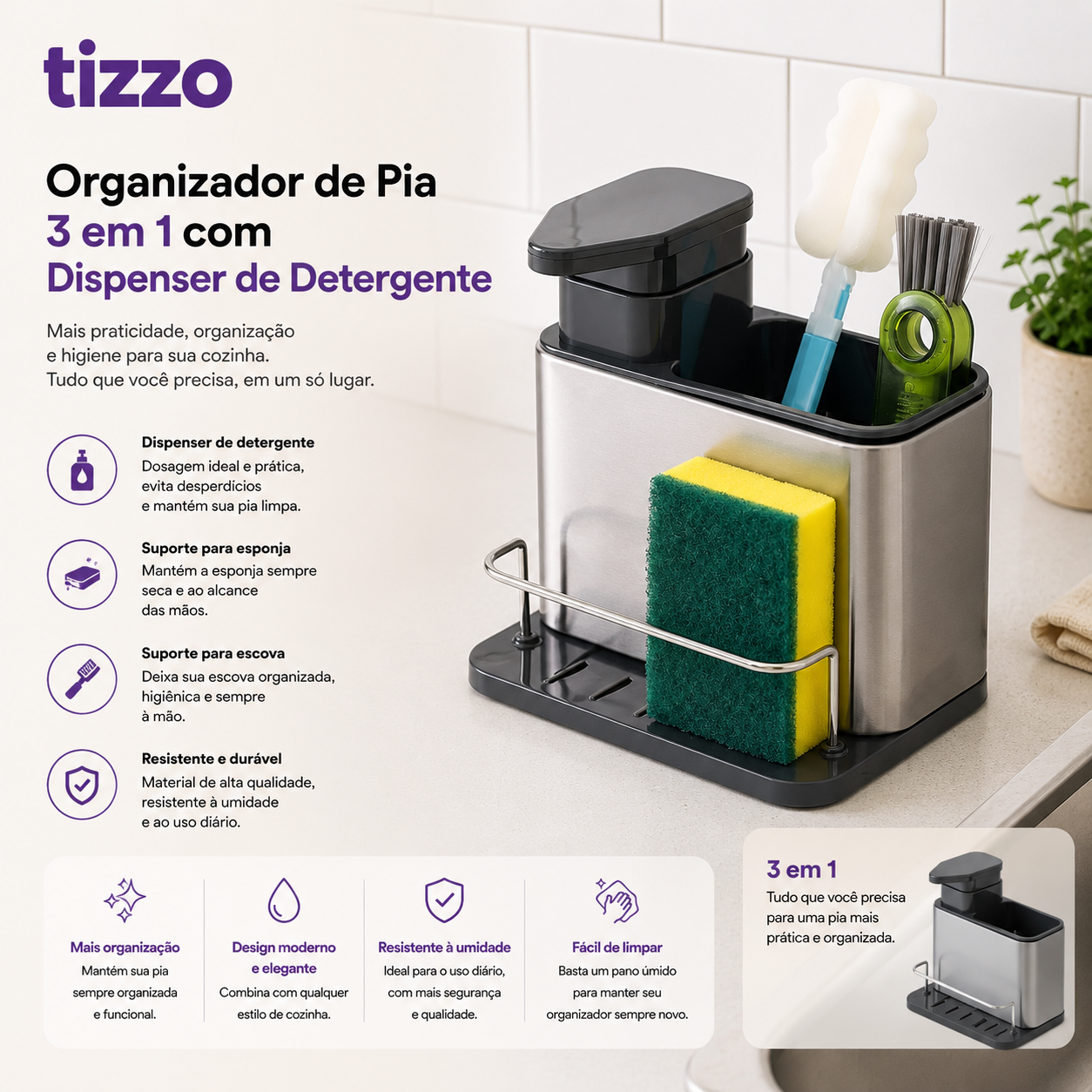 Organizador de Pia 3 em 1 com Dispenser de Detergente