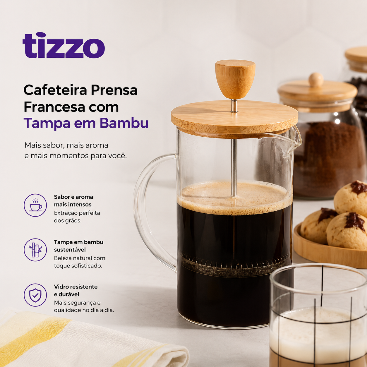 Cafeteira Prensa Francesa com Tampa em Bambu
