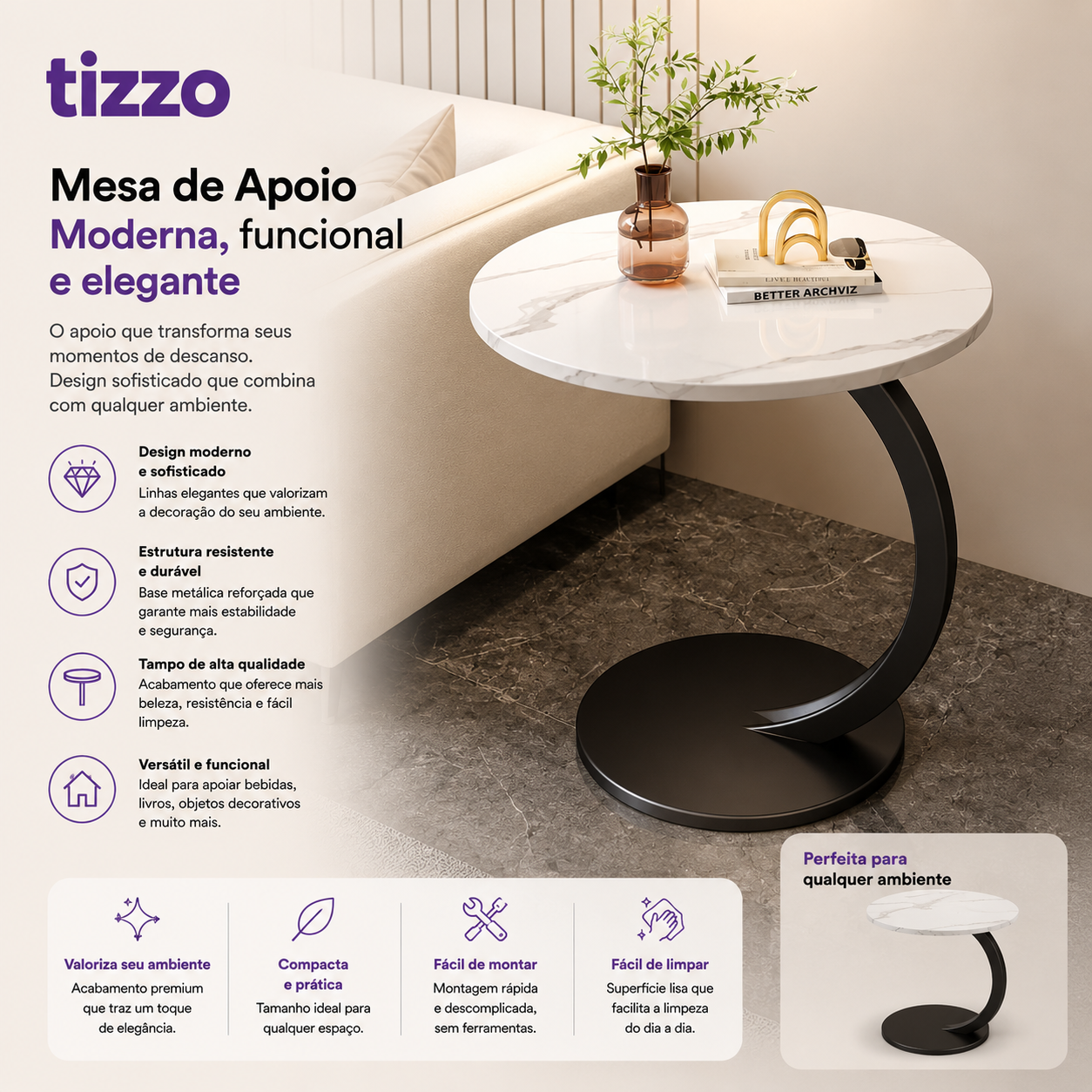 Mesa de Apoio para Sala e Sofá em MDF e Ferro