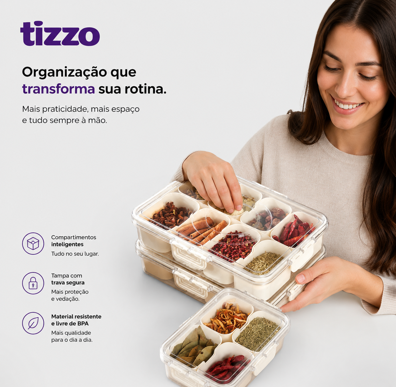 Organizador de Geladeira com 8 Divisórias – Pote Hermético Acrílico para Frutas, Legumes e Alimentos