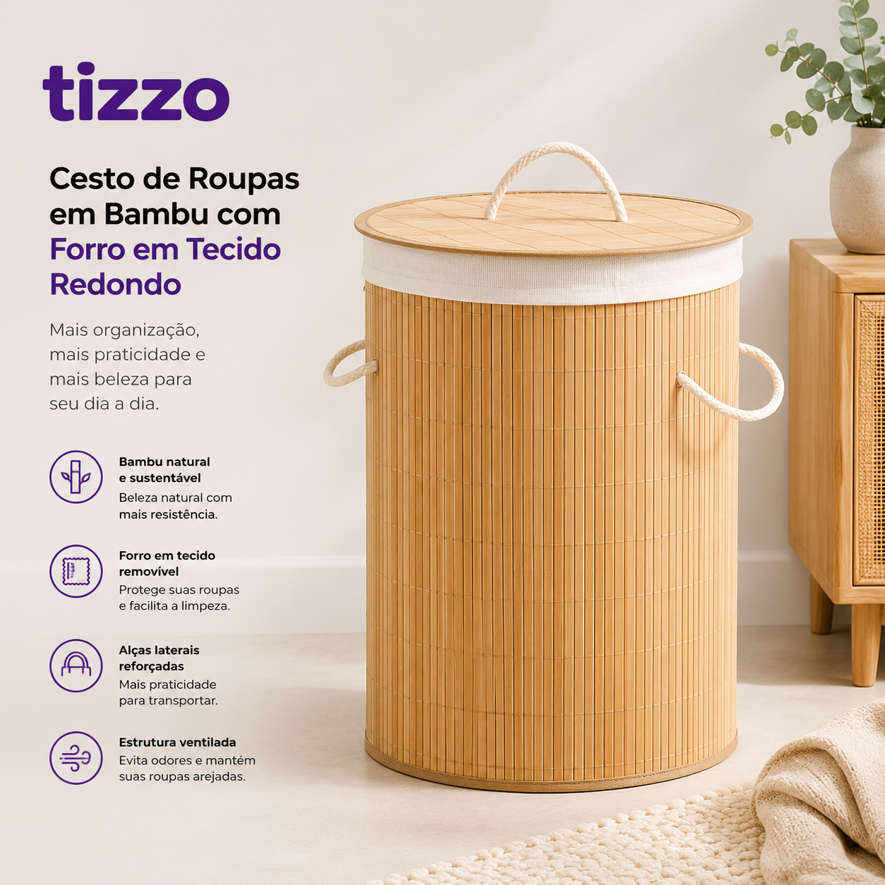 Cesto de Roupas em Bambu com Forro em Tecido Redondo